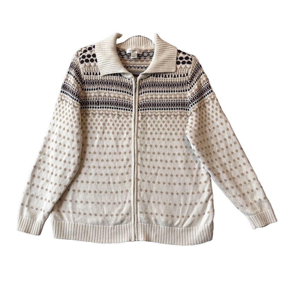 Christopher Banks Fair Isle Full Zip Cardigan Sweater Cream Nordic L Cottagecore